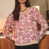 Orchid Wave Retro Floral Contrast Trim Crew