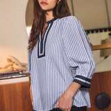 Navy Stripe Yoke Trim Blouse