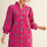 Hot Pink Velvet Jacquard Button Down Dress