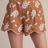 Botanical Embroidered Scallop Hem Shorts