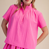 Bubblegum Pink Stand Collar Short Sleeve