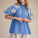Buttery Blue Elegance Bubble Sleeve Blouse