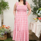 Red Plaid Smocked Tiered Midi Dress