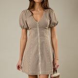 Brown + White Stripe Front Zip Denim Dress