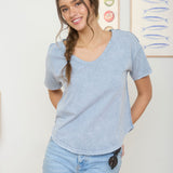 Washed Slate Scoop Neck Raw Edge Short Sleeve Top
