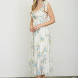 Ivory + Blue Belle Floral Scallop Trim Dress