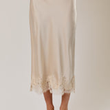 Light Taupe Lace Applique Satin Midi Skirt