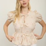 Light Khaki Flower Tie Front Top