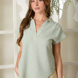 Green Linen Like Stripe Collared Top