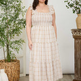 Mocha Plaid Smocked Tiered Midi Dress