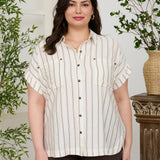 Outpost Chic Double Stripe Button Short Sleeve Top