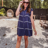 Navy Ruffle Sleeve Contrast Trim Tiered Shirt Dress
