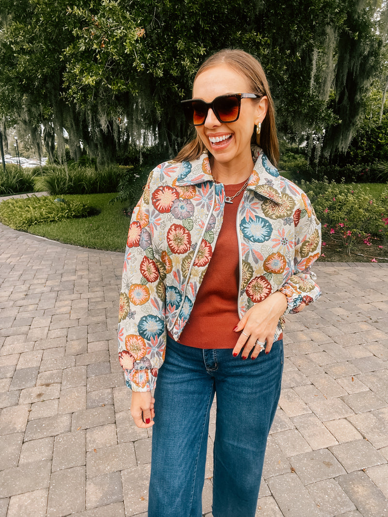 Retro Floral Jacquard Crop Jacket