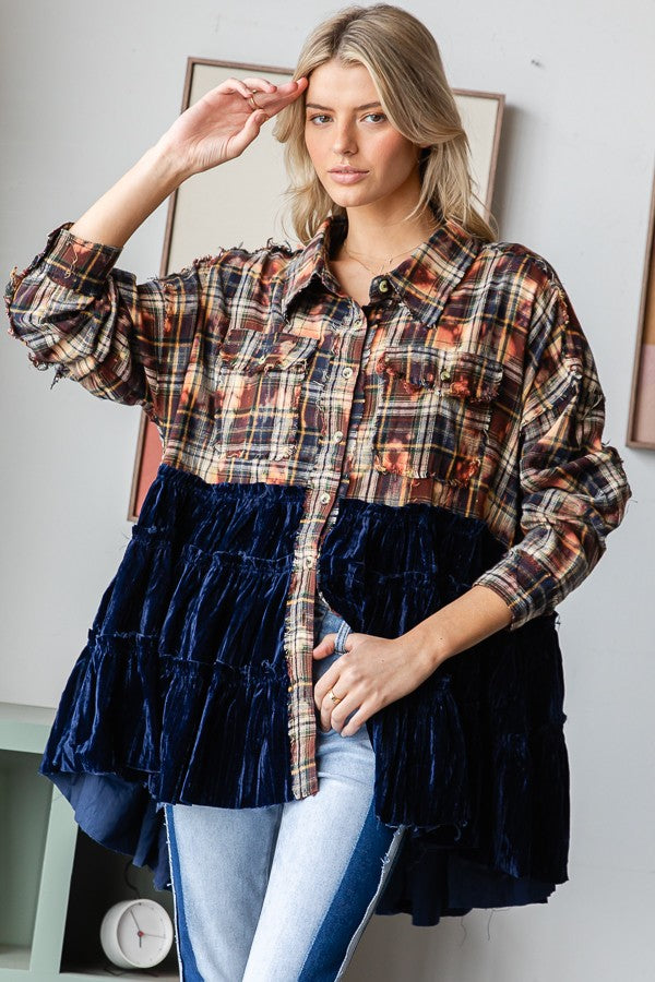 Vintage Navy Velvet Plaid Tiered Button Up