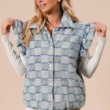Washed Denim Gingham Plaid Vest with Flutter Sleeve