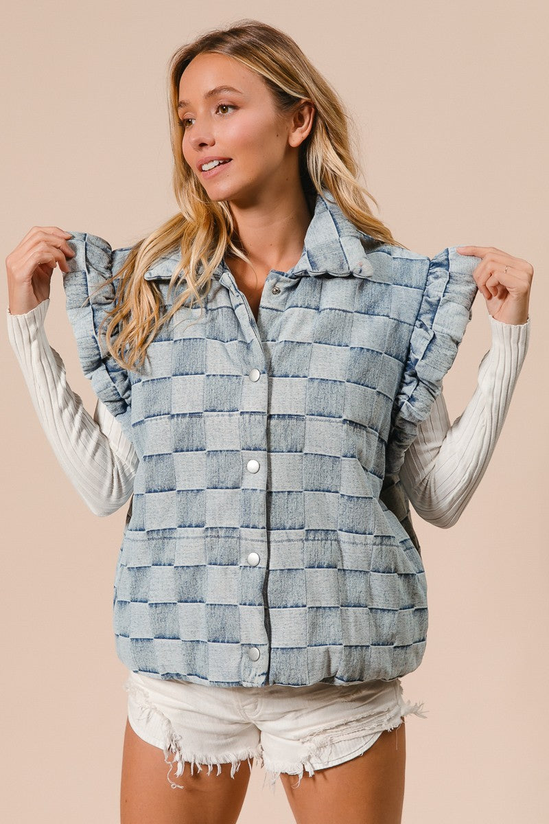 Washed Denim Gingham Plaid Vest with Flutter Sleeve