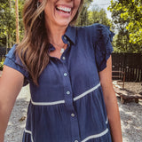 Navy Ruffle Sleeve Contrast Trim Tiered Shirt Dress