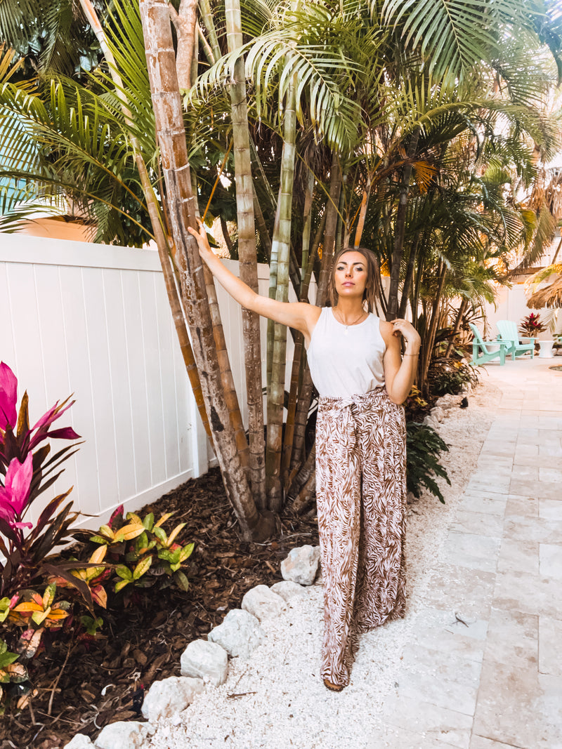 Mocha Crinkle Wavy Zebra Print Pant