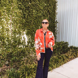 Orange Floral Scarf Print Button Front Blouse