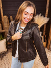 Chocolate Faux Leather Jacket with Pleated Waist