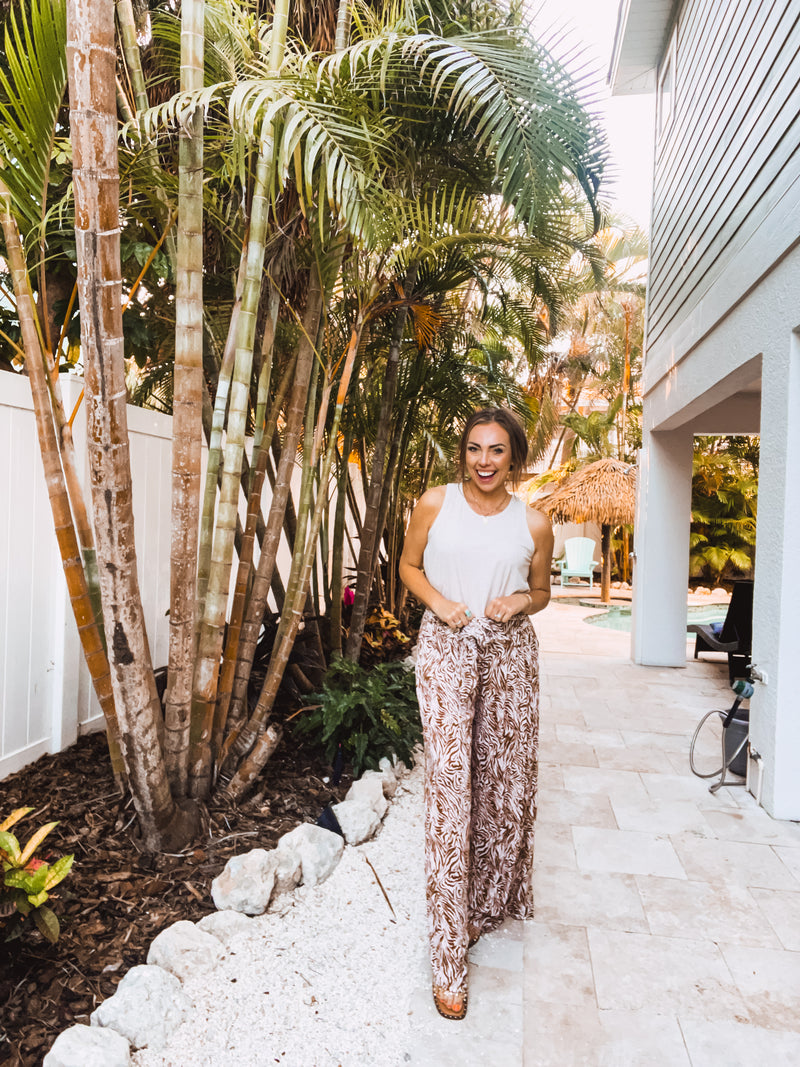 Mocha Crinkle Wavy Zebra Print Pant