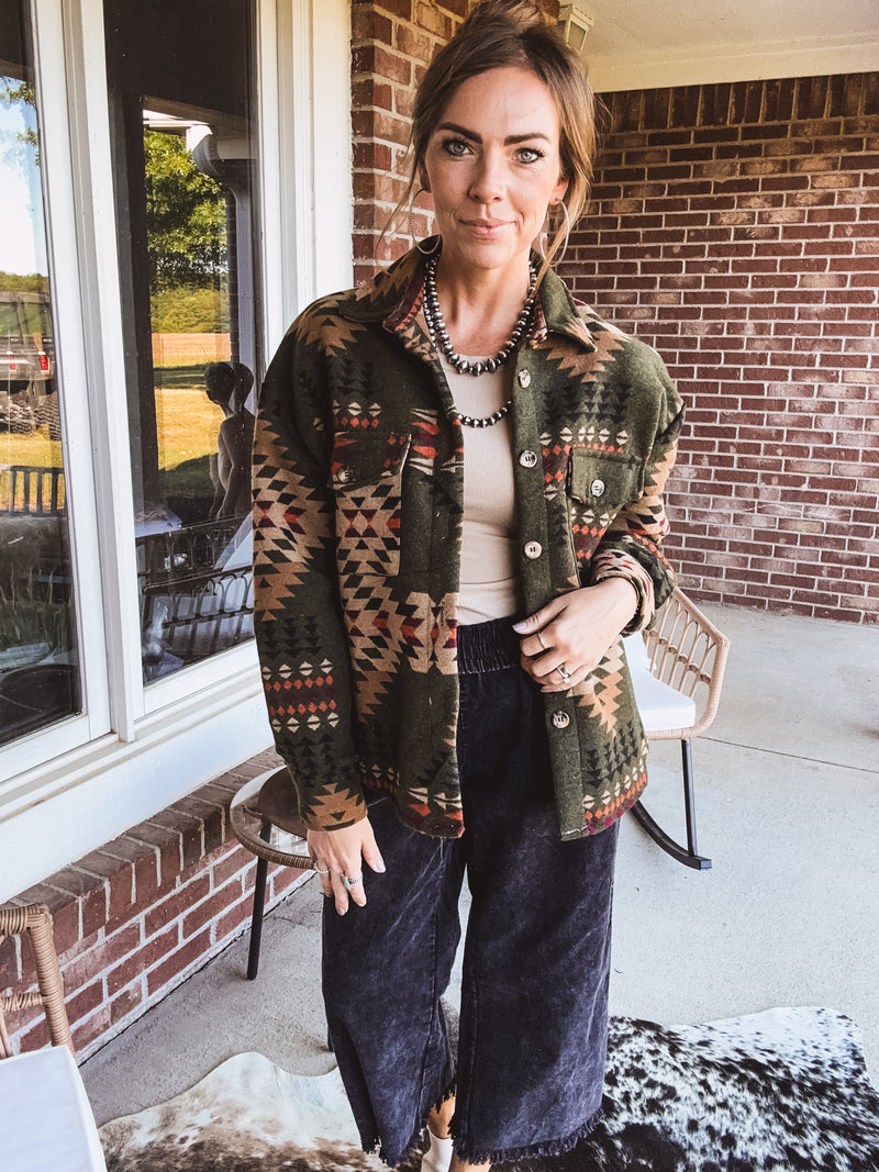 Olive Aztec Button Down Shacket