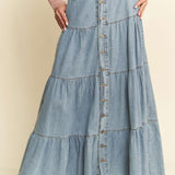Button Front Denim Tiered Skirt
