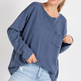 Mineral Wash Round Neckline L/S Top with Pocket