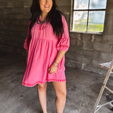 Bubble Pink Linen Red Embroidered Dress