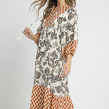 Black + Rust Mix Boho Print Maxi Dress