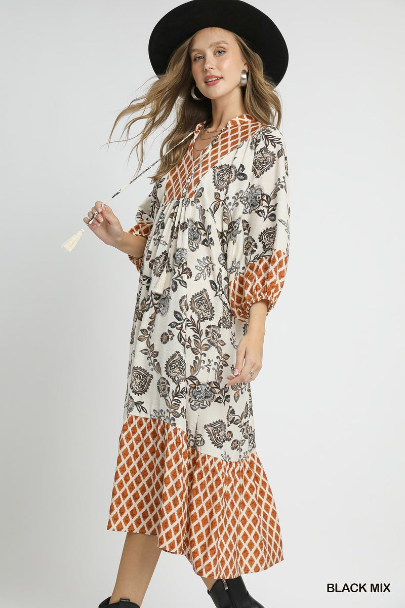 Black + Rust Mix Boho Print Maxi Dress