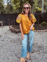 Caramel Balloon Sleeve Embroidered Top