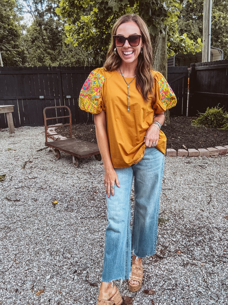 Caramel Balloon Sleeve Embroidered Top