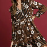 Brown Floral Stripe Mix Flutter Hem Dress