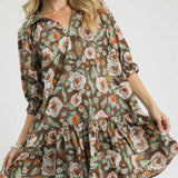 Olive Watercolor Floral Drop Hem Dress