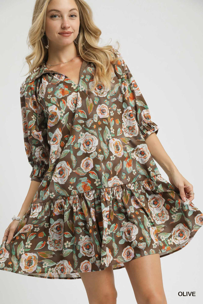 Olive Watercolor Floral Drop Hem Dress