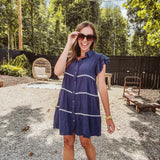Navy Ruffle Sleeve Contrast Trim Tiered Shirt Dress