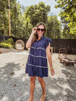 Navy Ruffle Sleeve Contrast Trim Tiered Shirt Dress