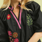 Black Embroidered Deco Floral Top with Contrast Trim
