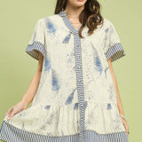 Navy Elegant Palms Stripe Trim Dress