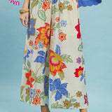 Cream Tropical Floral Wide Leg Crop Pant