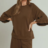 Brown Flutter Sleeve Easy Pullover