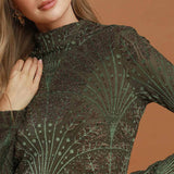 Olive Fluttering Light Velvet Like Mock Neck Mesh