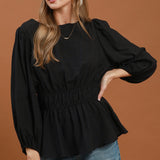 Black Smock Waist Peplum Blouse