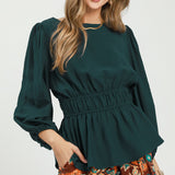 Teal Smock Waist Peplum Blouse