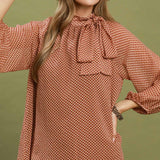 Red Clay Dotted Up Tie Neck Blouse