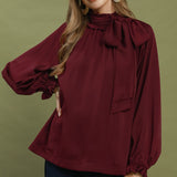 Wine Satin Tie Neck Blouse