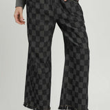 Washed Black Checkmate Denim Like Fray Hem Pant