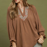 Latte Brown Floral Yoke Trim Blouse