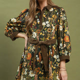 Olive Floral Print Dress with Waist Tie